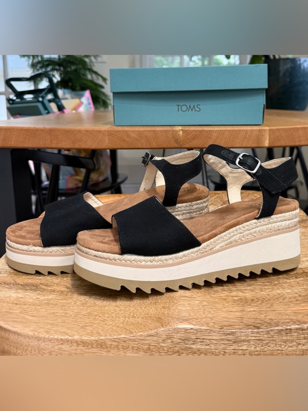 TOMS Black Platform Espadrille Sandal with Ankle Strap